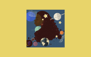 Yellow background with inner square containing image of a face surrounded by planets and stars.